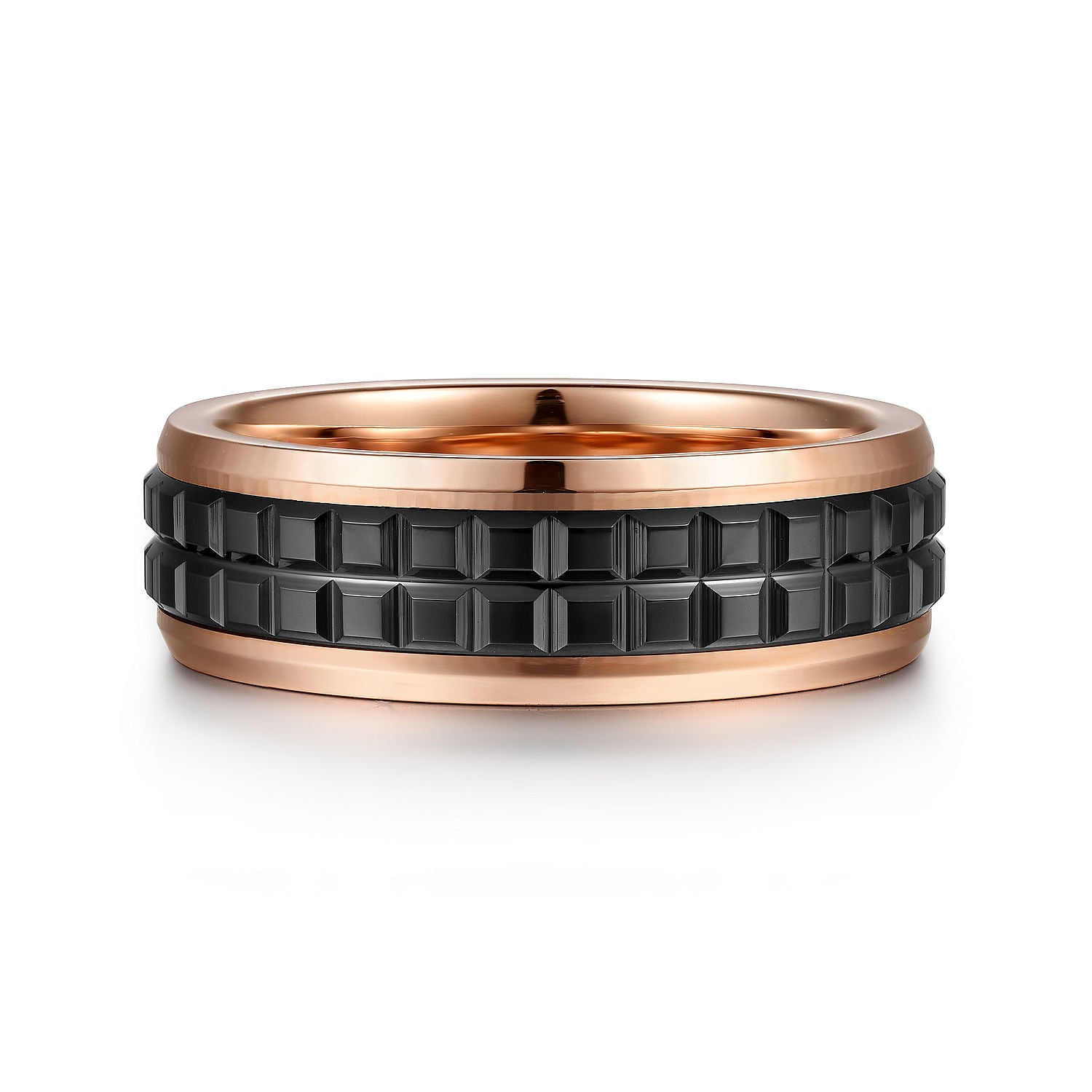 14K Rose Gold-Black Ceramic 7mm - Two Tone Beveled Edge Men's Wedding Band