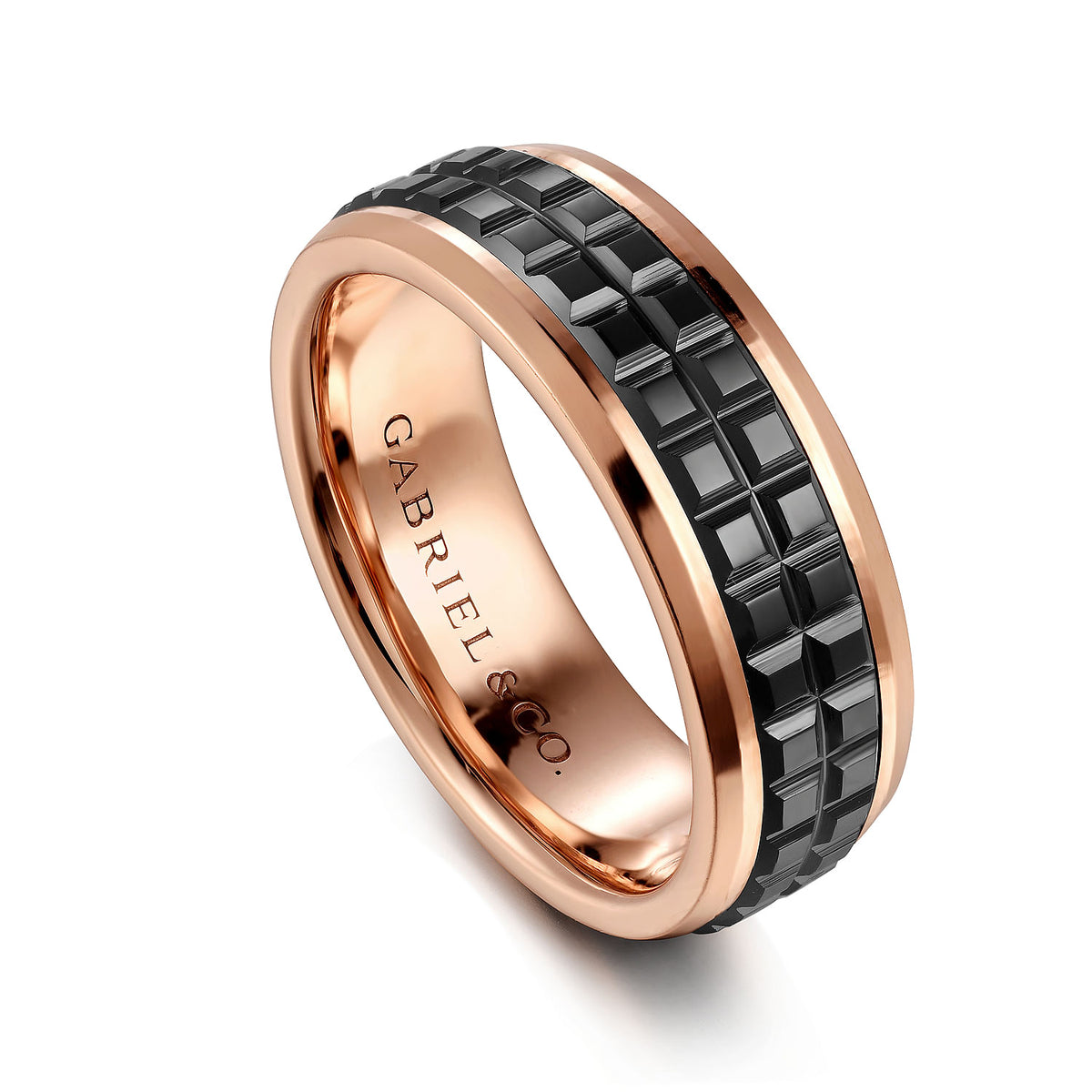 14K Rose Gold-Black Ceramic 7mm - Two Tone Beveled Edge Men&#39;s Wedding Band