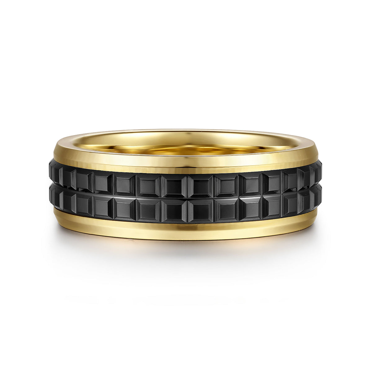 14K Yellow Gold-Black Ceramic 7mm - Two Tone Beveled Edge Men&#39;s Wedding Band