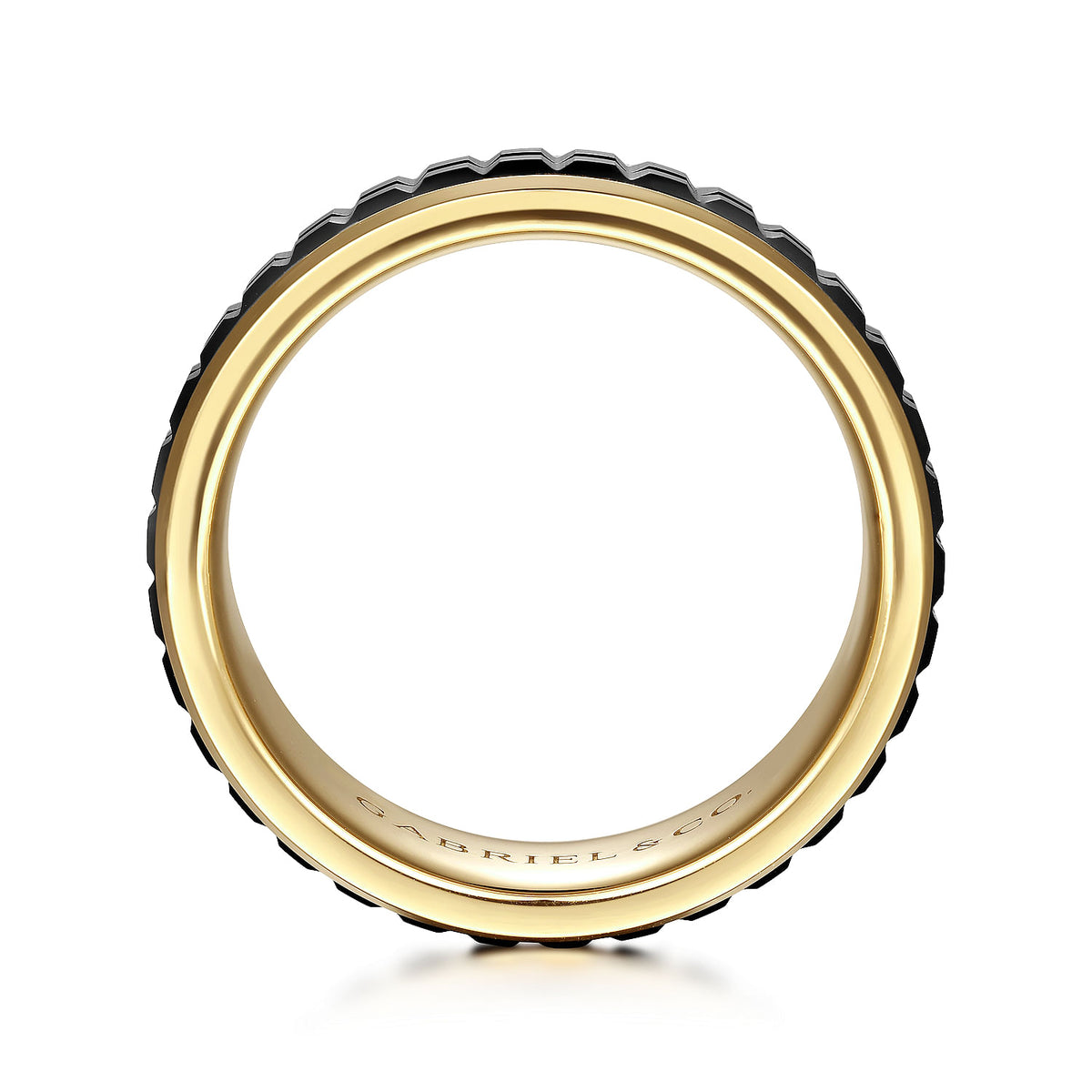 14K Yellow Gold-Black Ceramic 7mm - Two Tone Beveled Edge Men&#39;s Wedding Band