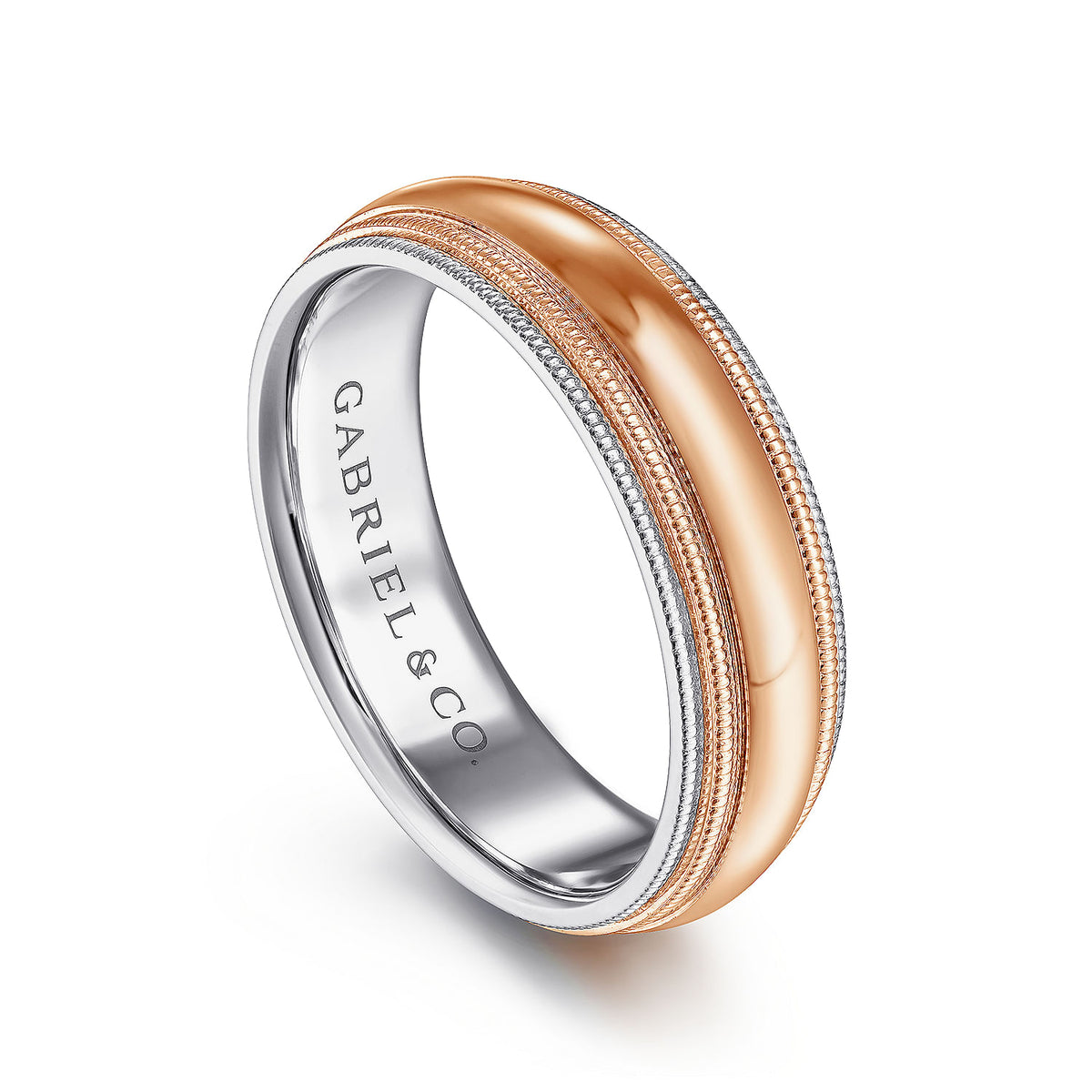 14K White-Rose Gold High Polish Men&#39;s Wedding Band with Milgrain Edge
