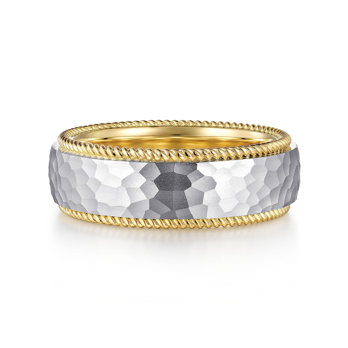 14K White-Yellow Gold 8mm - Two Tone Men&#39;s Wedding Band in Hammered Finish