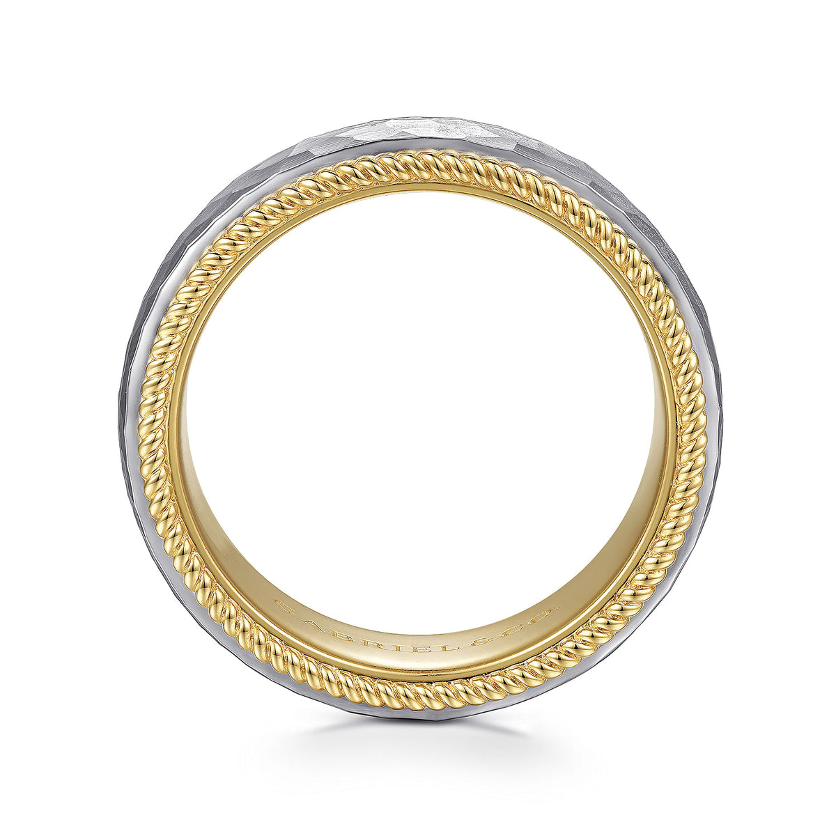 14K White-Yellow Gold 8mm - Two Tone Men&#39;s Wedding Band in Hammered Finish