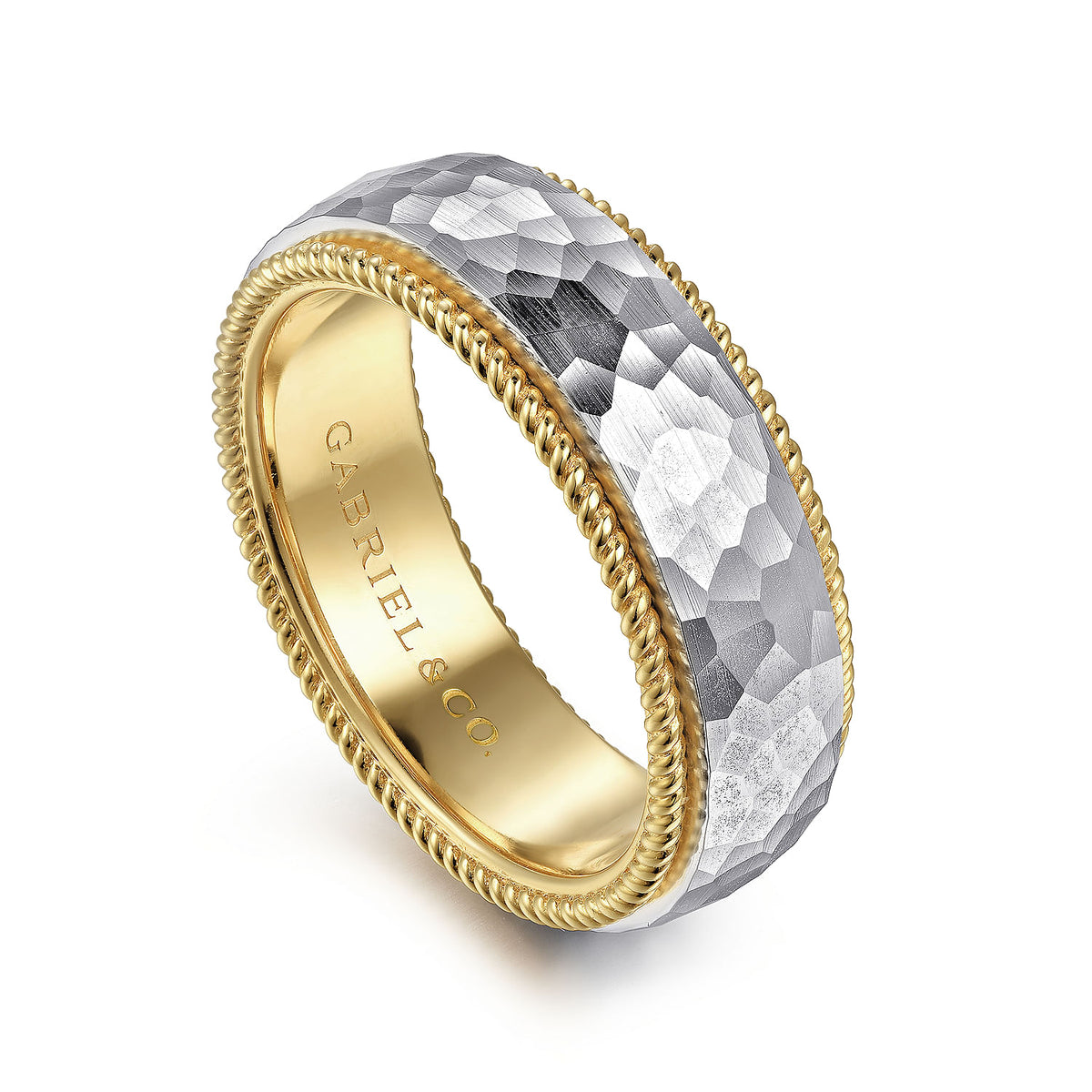 14K White-Yellow Gold 8mm - Two Tone Men&#39;s Wedding Band in Hammered Finish