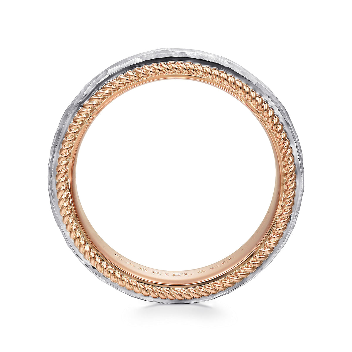 14K White-Rose Gold 8mm Mens Wedding Band in Hammer Finish