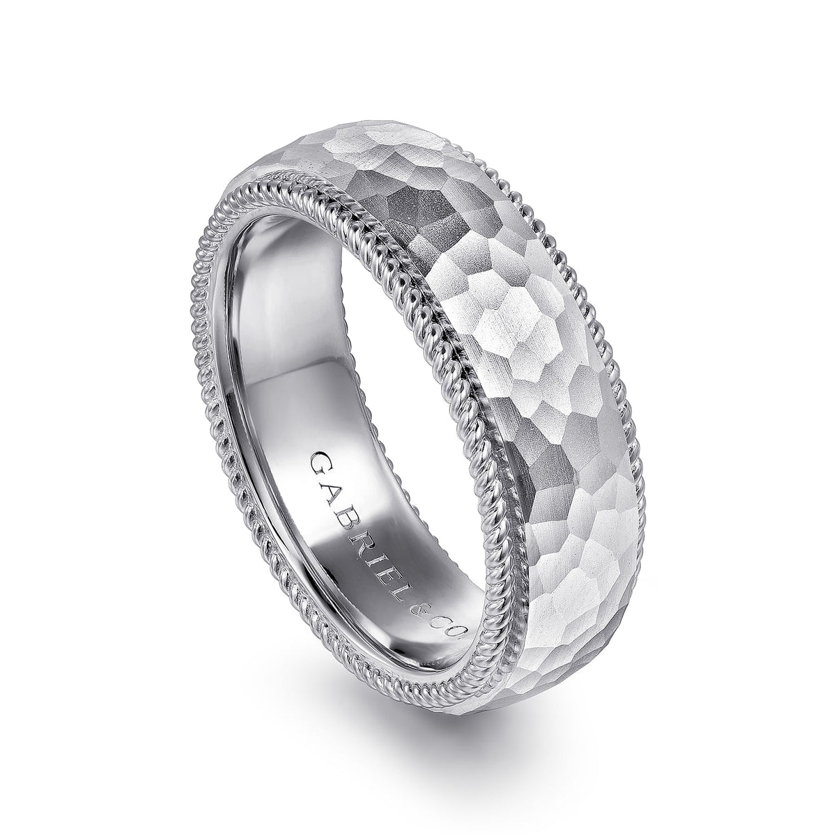 14K White Gold 8mm Mens Wedding Band in Hammer Finish