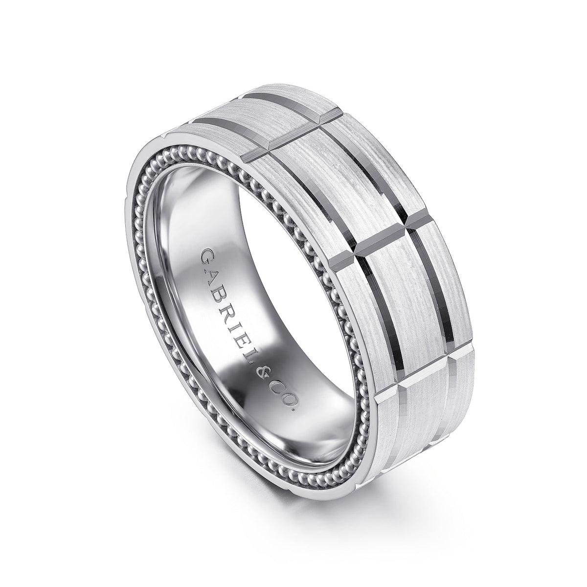14K White Gold 8mm - Carved Men&#39;s Wedding Band in Satin Finish
