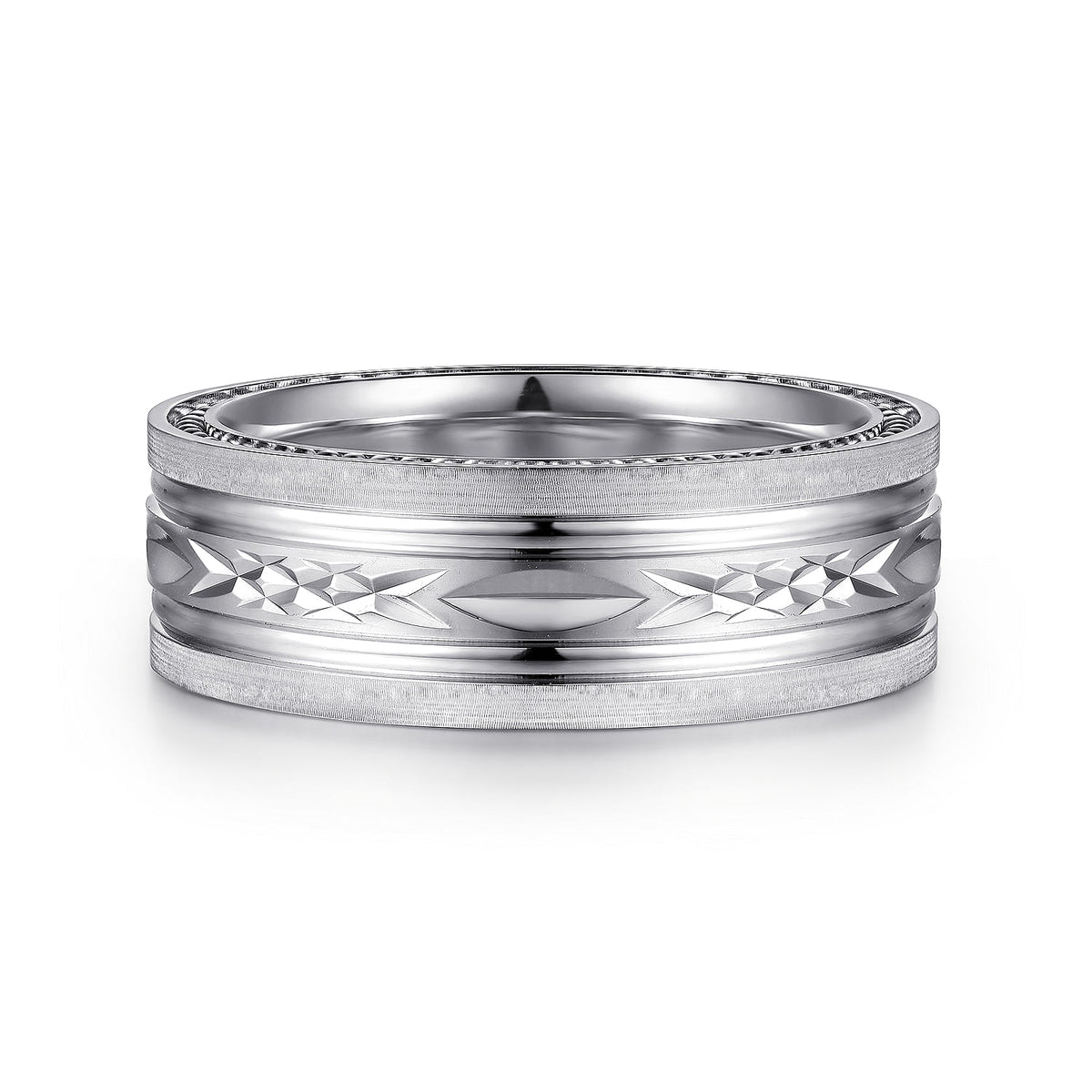 14K White Gold 8mm - Carved Men&#39;s Wedding Band in Satin Finish