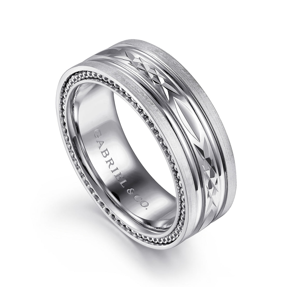 14K White Gold 8mm - Carved Men&#39;s Wedding Band in Satin Finish