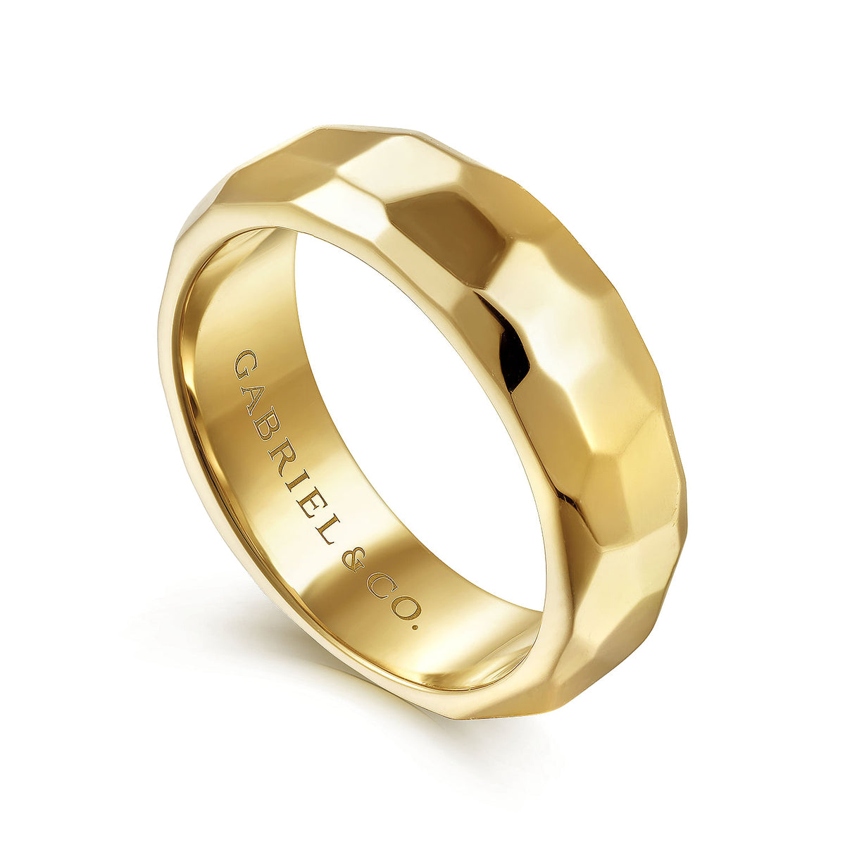 14K Yellow Gold 7mm - Hammered Men&#39;s Wedding Band in High Polished Finish