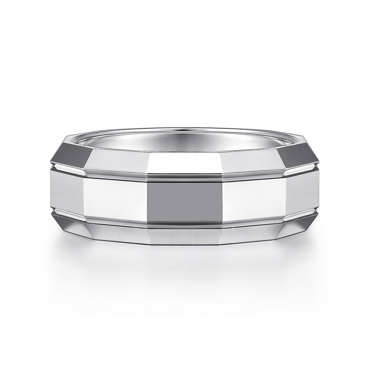 14K White Gold 8mm - Angular Men&#39;s Wedding Band in High Polished Finish