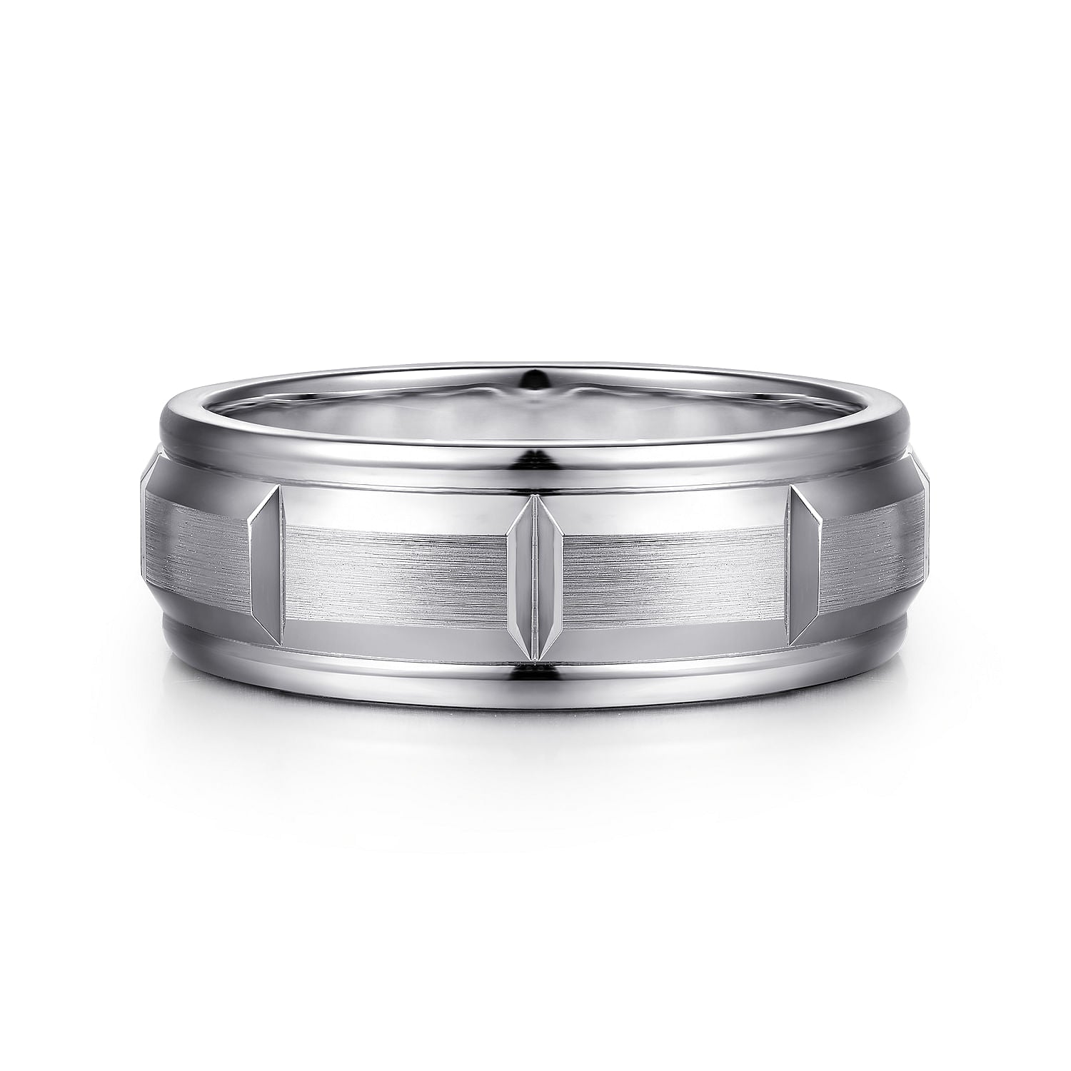 14K White Gold 8mm - Carved Station Men's Wedding Band in Satin Finish