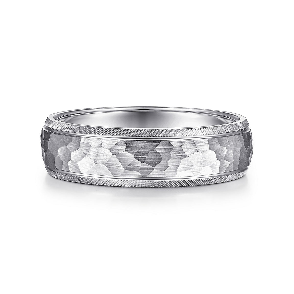 14K White Gold 6mm - Men&#39;s Wedding Band in Hammered Finish