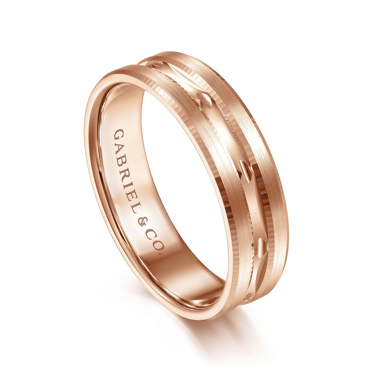 14K Rose Gold 6mm - Carved Men&#39;s Wedding Band in Satin Finish