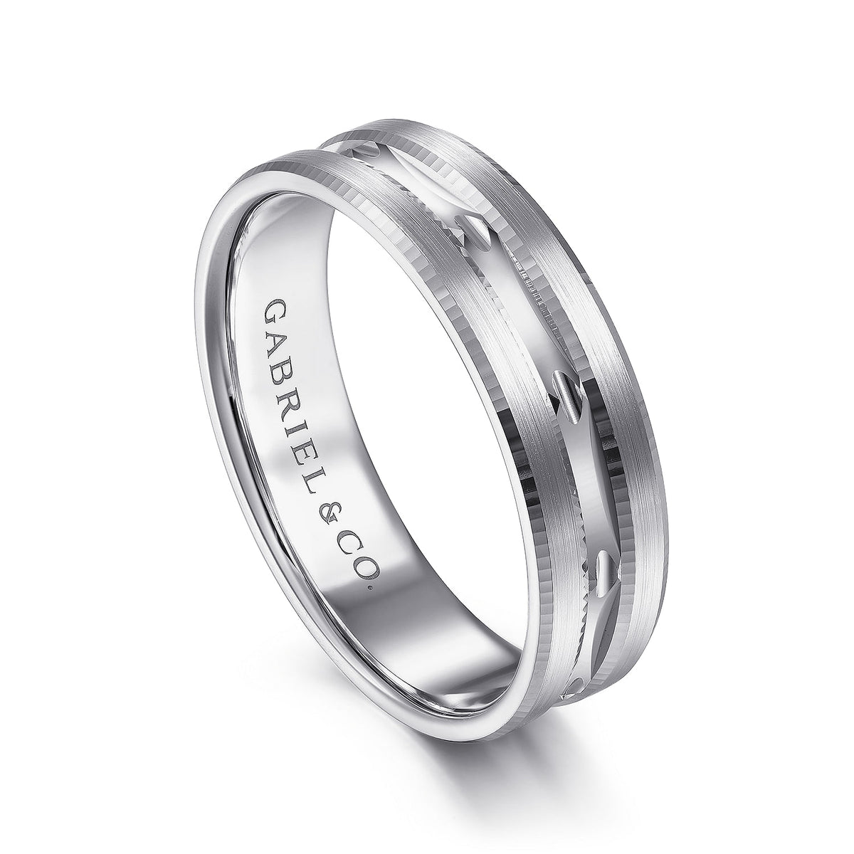 14K White Gold 6mm - Carved Men&#39;s Wedding Band in Satin Finish