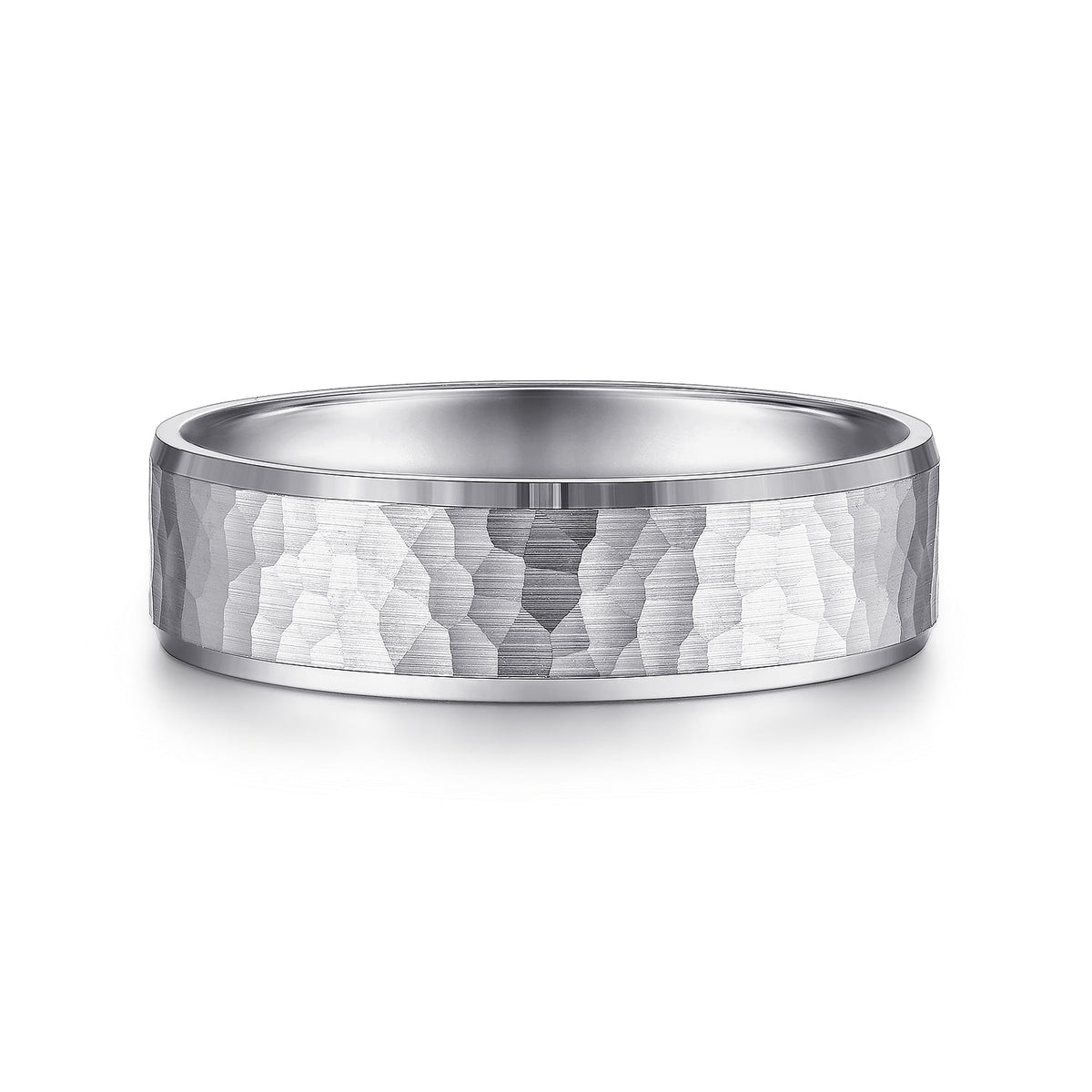 14K White Gold 6mm - Men&#39;s Wedding Band in Hammered Finish