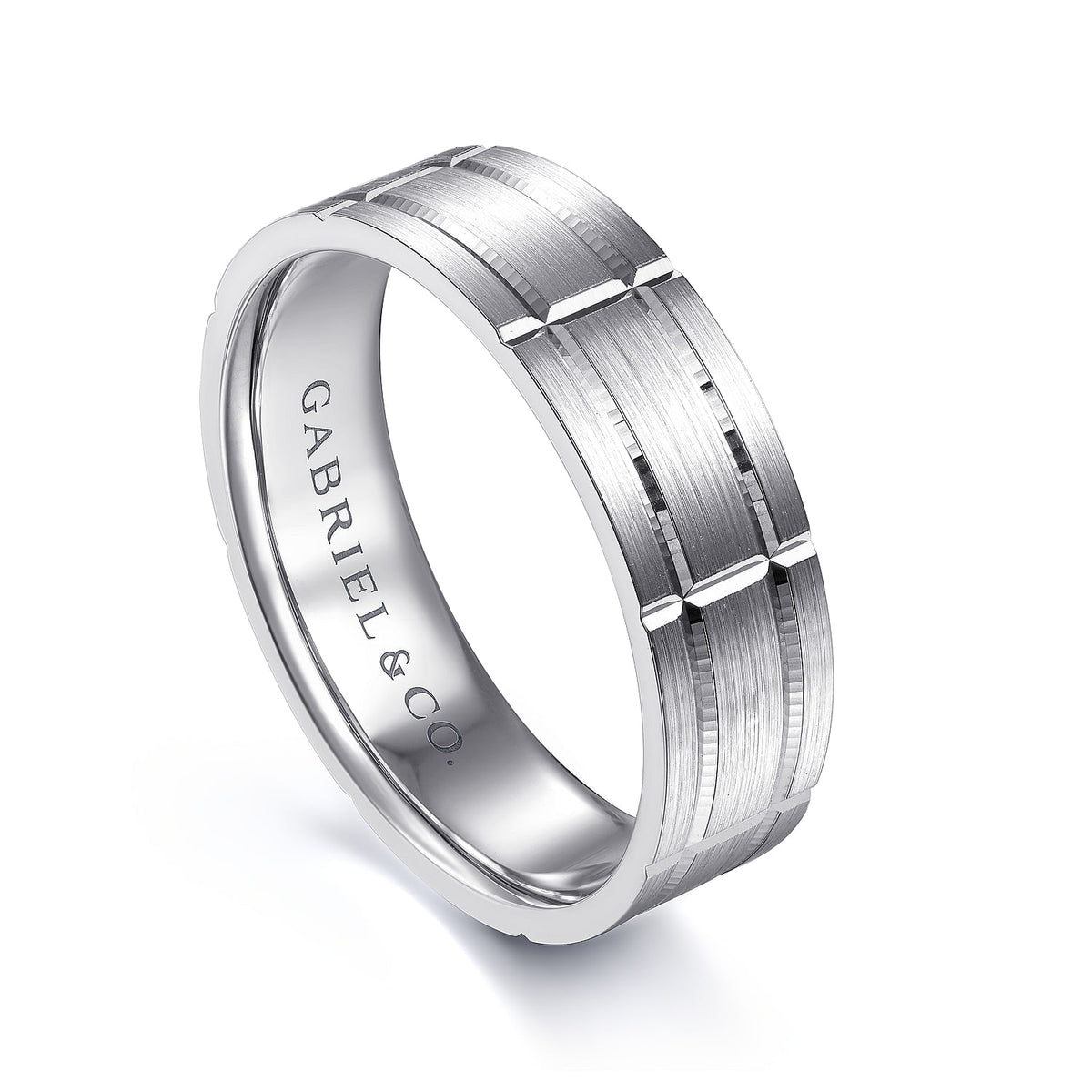 14K White Gold 6mm - Checkerboard Pattern Men&#39;s Wedding Band in Satin Finish