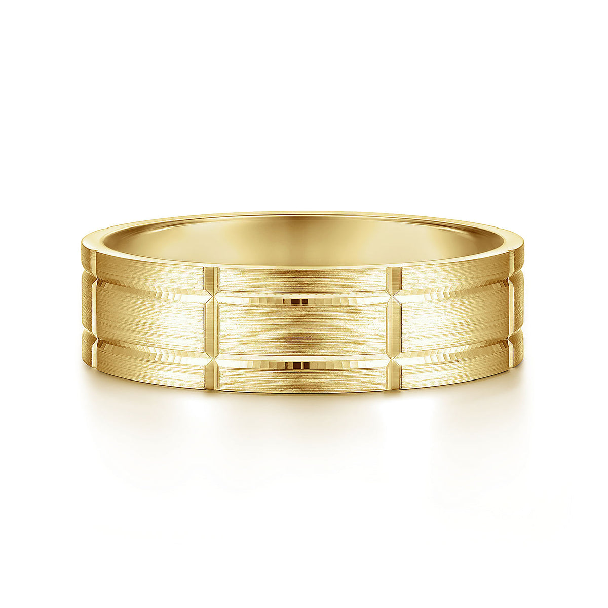 14K Yellow Gold 6mm - Checkerboard Pattern Men&#39;s Wedding Band in Satin Finish