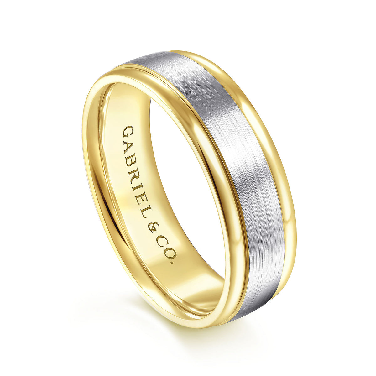 14K White-Yellow Gold 7mm - Two Tone Men&#39;s Wedding Band in Satin Finish