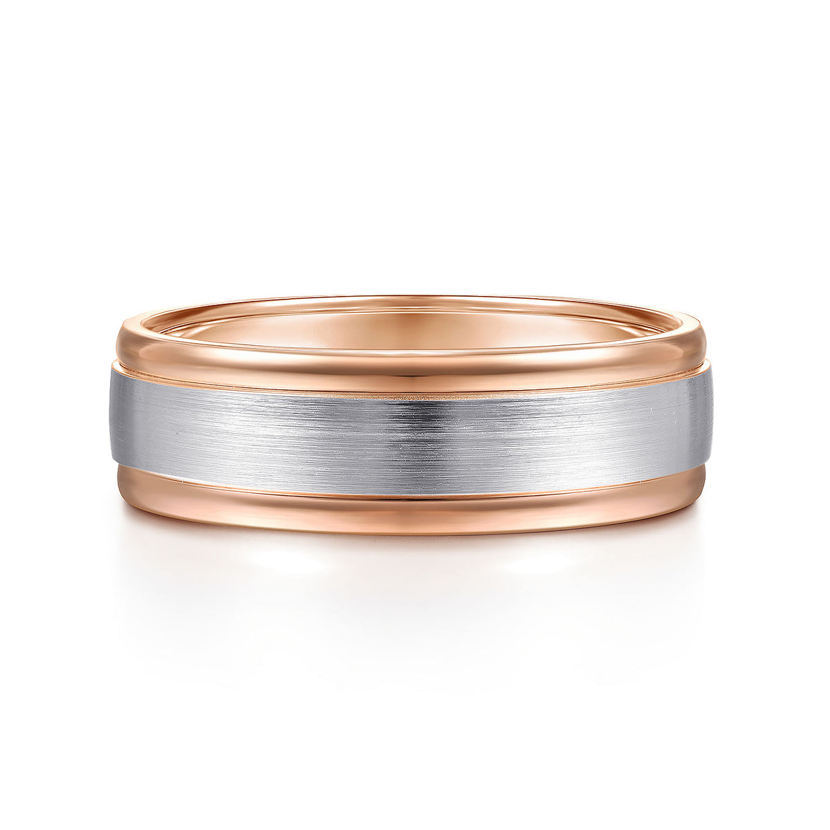 14K White-Rose Gold 7mm - Two Tone Men&#39;s Wedding Band in Satin Finish