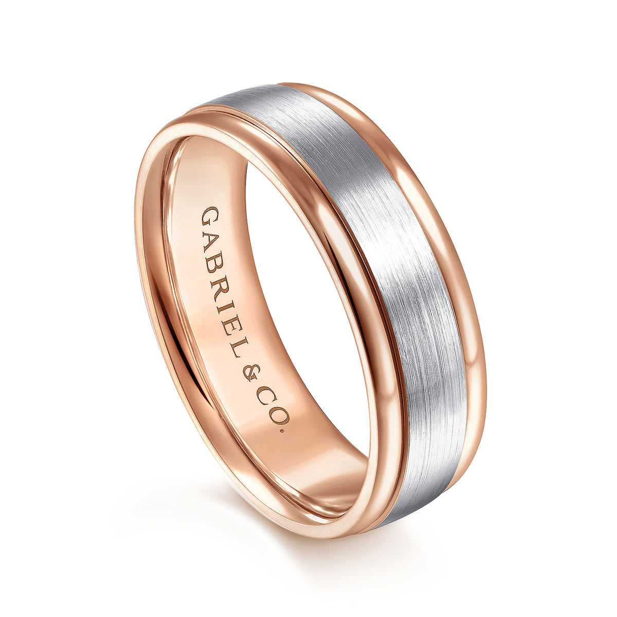 14K White-Rose Gold 7mm - Two Tone Men&#39;s Wedding Band in Satin Finish