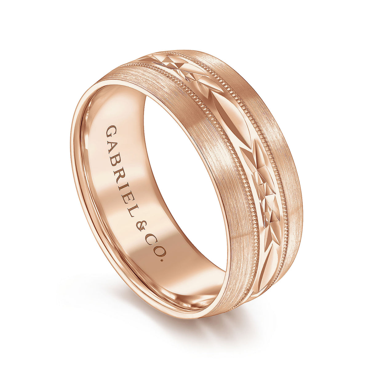 14K Rose Gold 8mm - Engraved Men&#39;s Wedding Band in Satin Finish