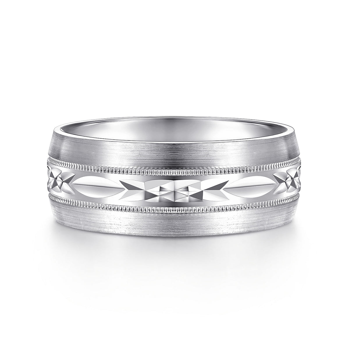 14K White Gold 8mm - Engraved Men&#39;s Wedding Band in Satin Finish