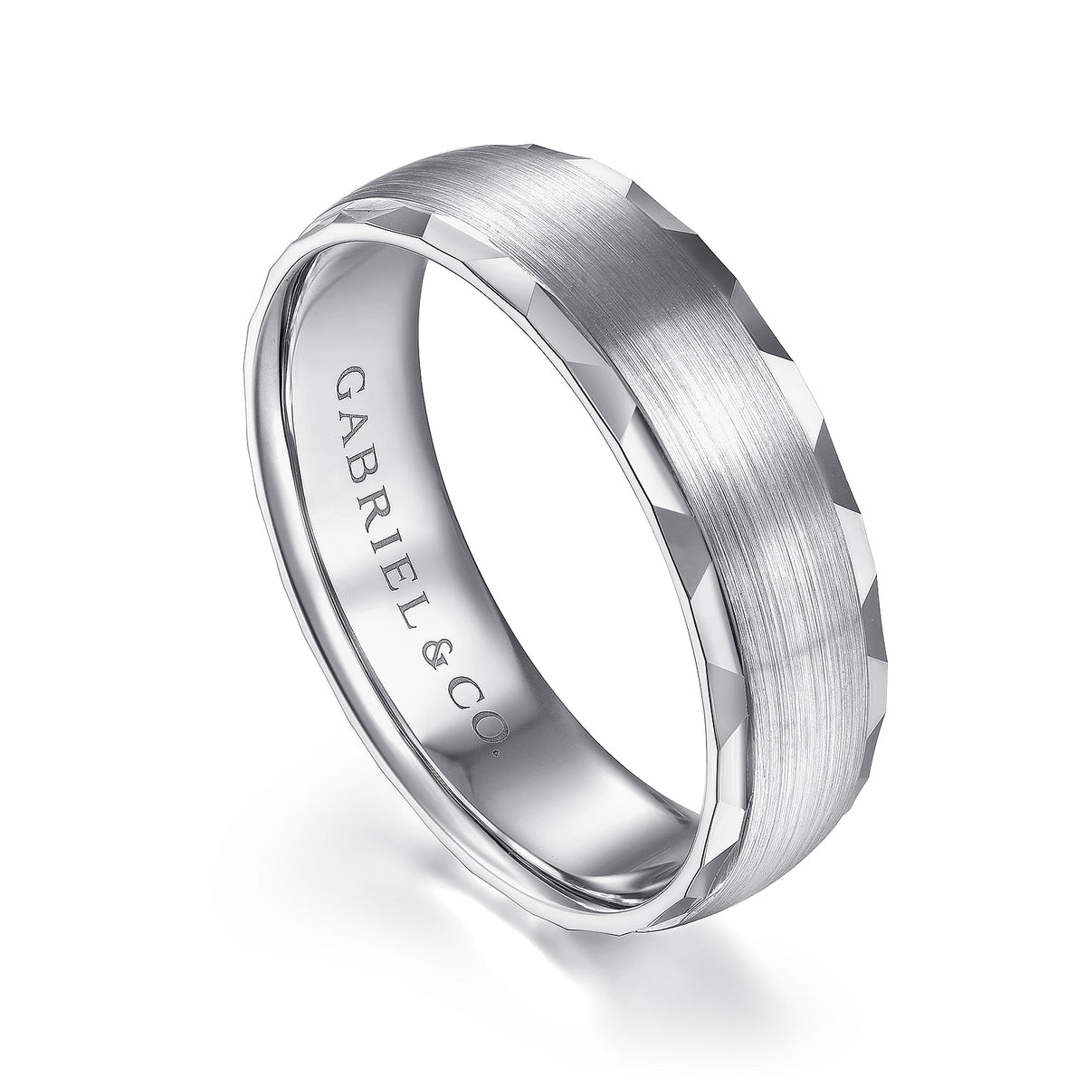 14K White Gold 6mm - Satin Finish Men&#39;s Wedding Band with Carved Edge