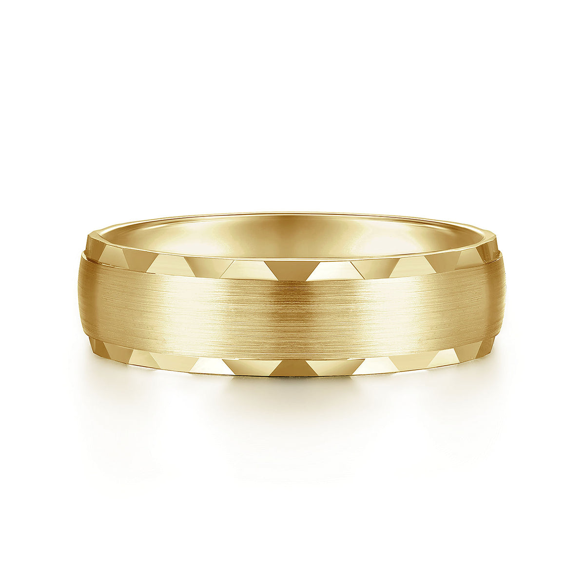 14K Yellow Gold 6mm - Satin Finish Men&#39;s Wedding Band with Carved Edge