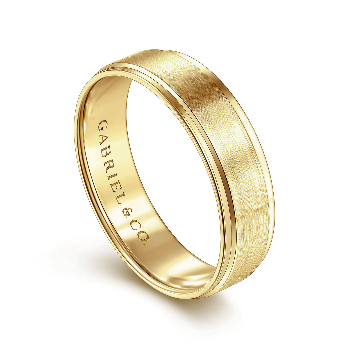 14K Yellow Gold 6mm - Beveled Edge Men&#39;s Wedding Band in Satin Finish