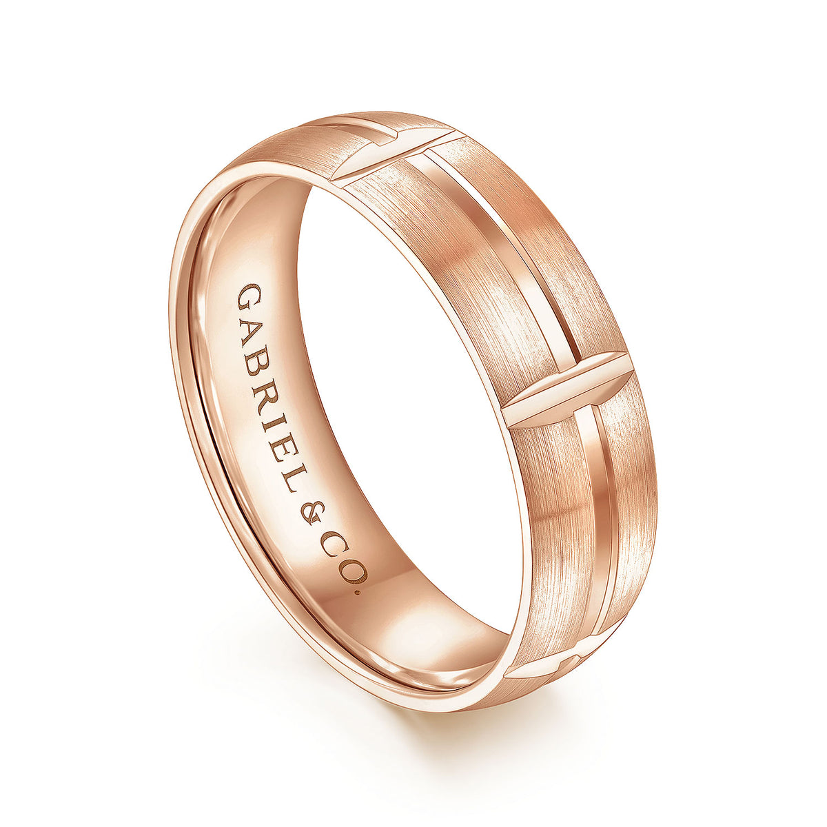 14K Rose Gold 6mm - Carved Station Men&#39;s Wedding Band in Satin Finish