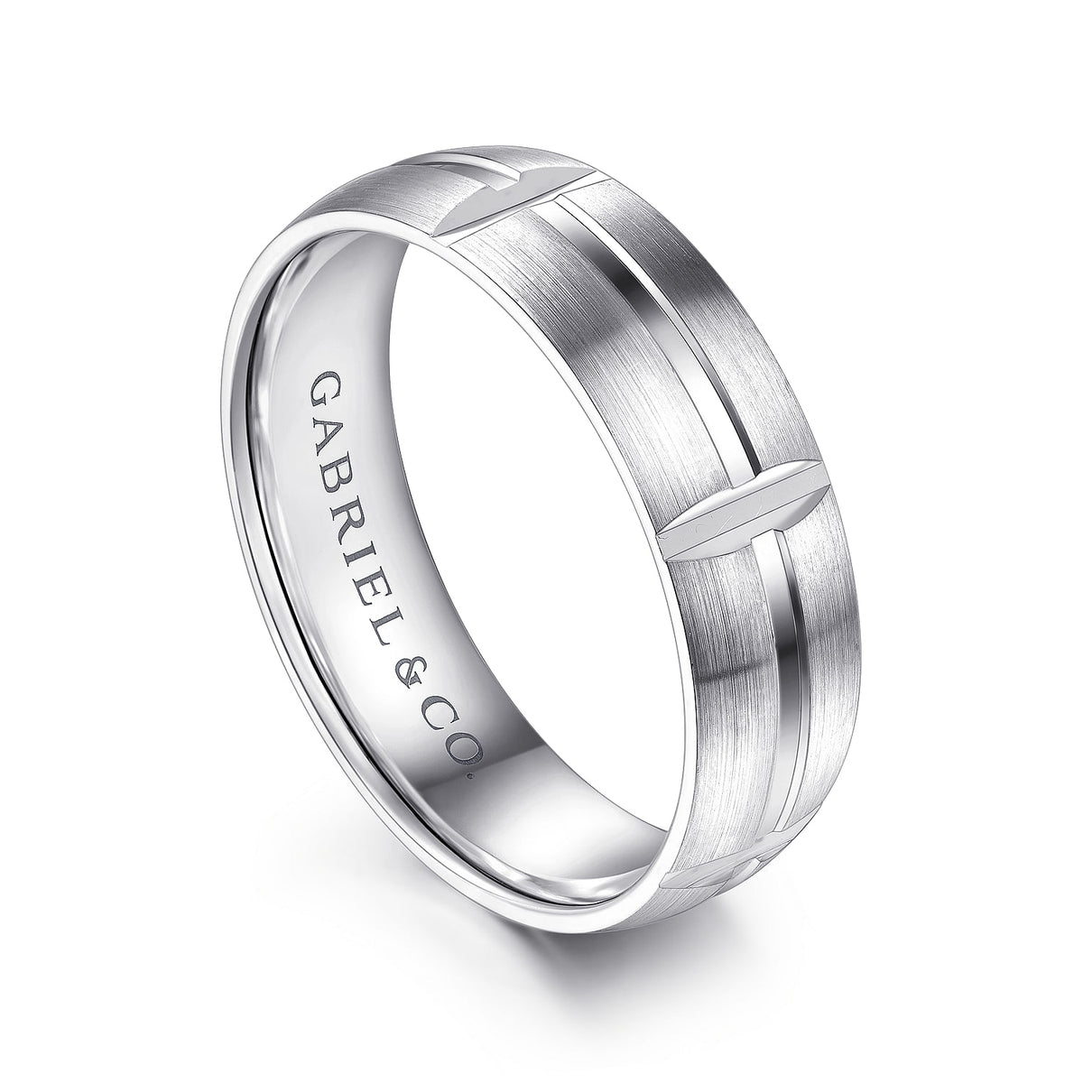 14K White Gold 6mm - Carved Station Men&#39;s Wedding Band in Satin Finish