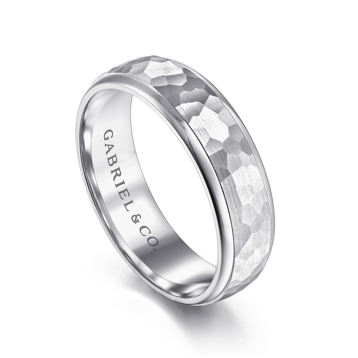 14K White Gold 6mm - Hammered Finish Men&#39;s Wedding Band