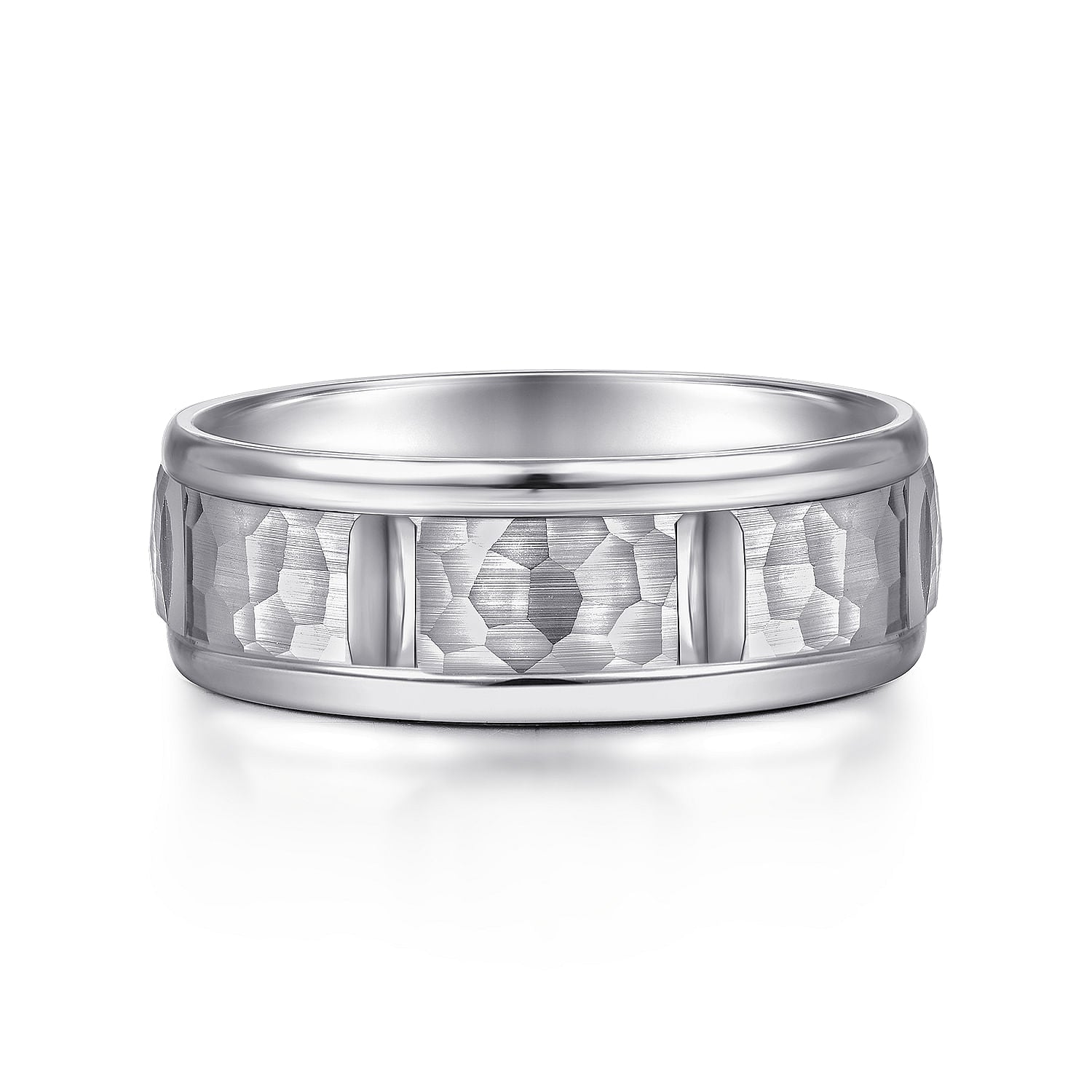 14K White Gold 7mm - Hammered Station Men's Wedding Band