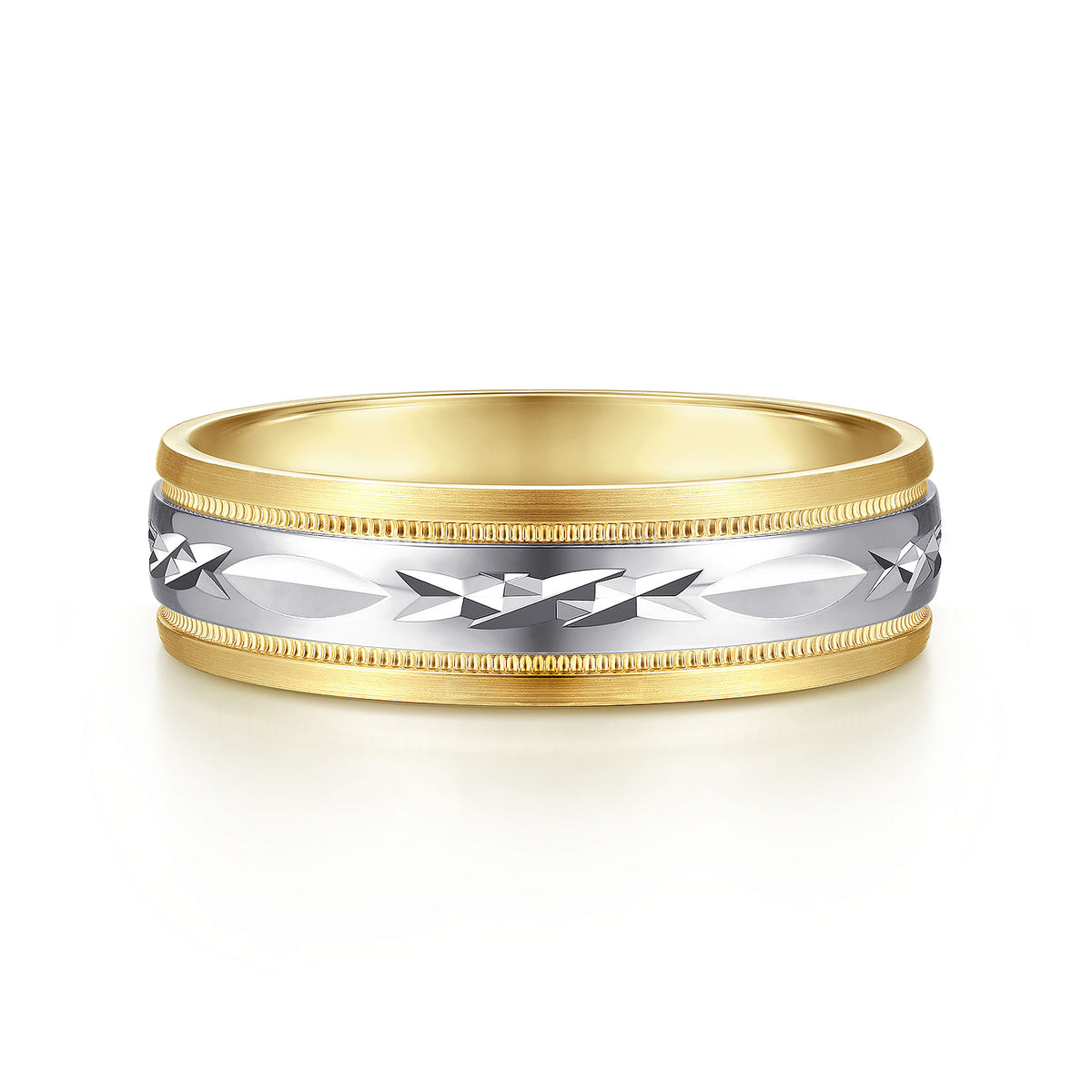 14K White-Yellow 6mm - Engraved Men&#39;s Wedding Band in Satin Finish