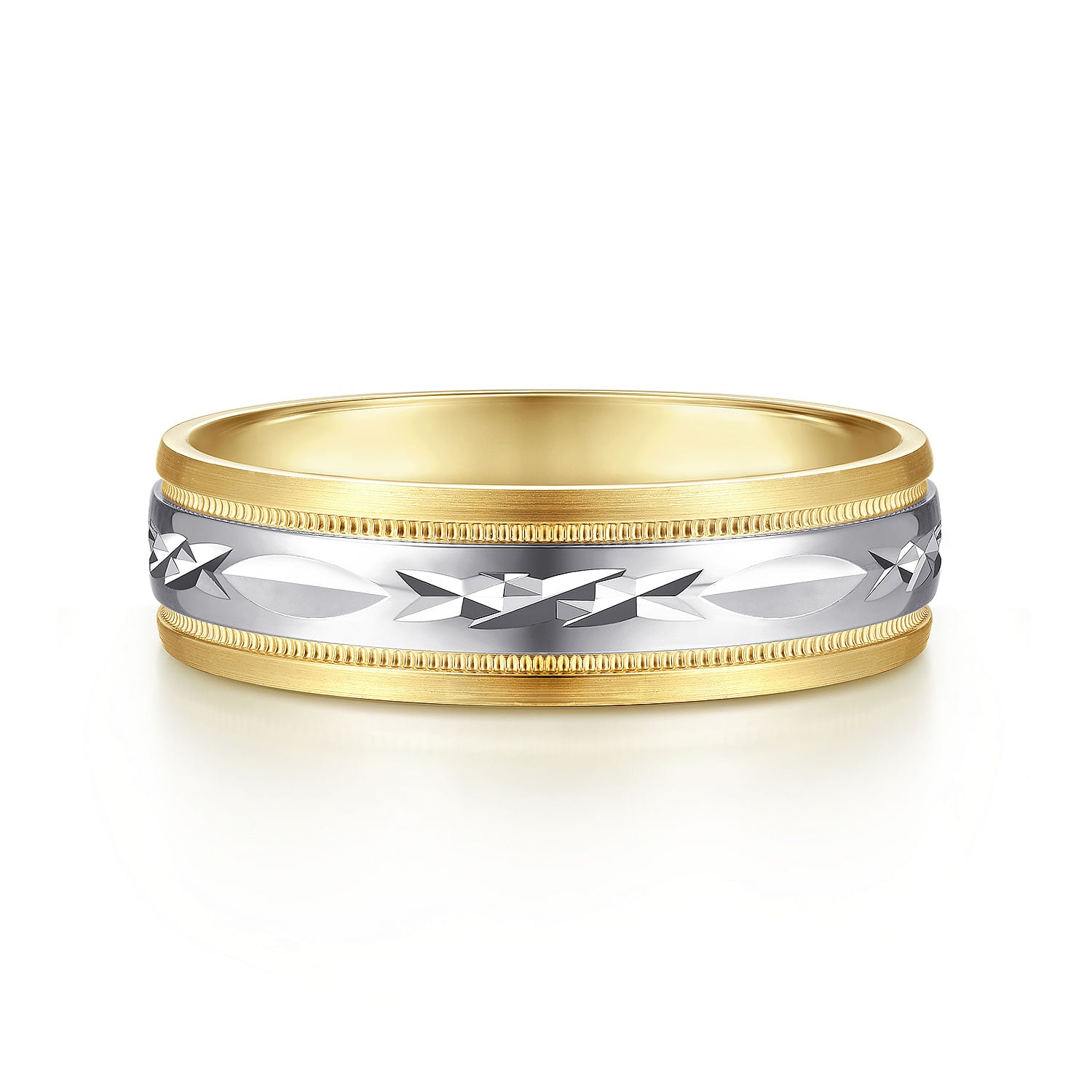 14K White-Yellow 6mm - Engraved Men's Wedding Band in Satin Finish