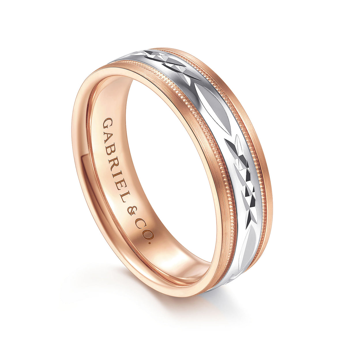 14K White-Rose 6mm - Engraved Men&#39;s Wedding Band in Satin Finish