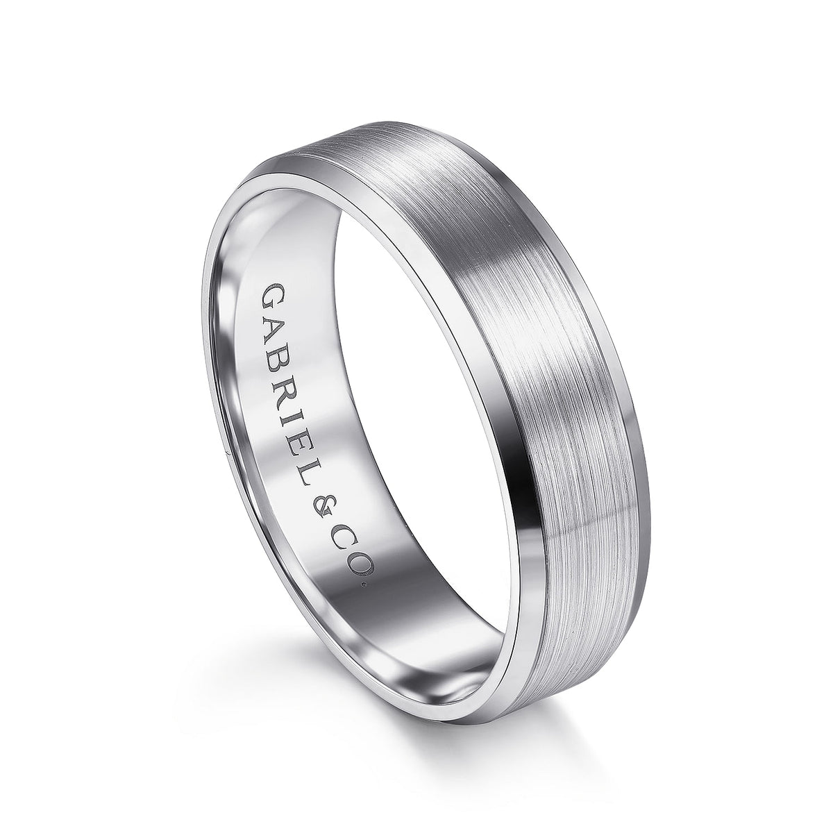 14K White Gold 6mm - Satin Finish Men&#39;s Wedding Band with Beveled Edge