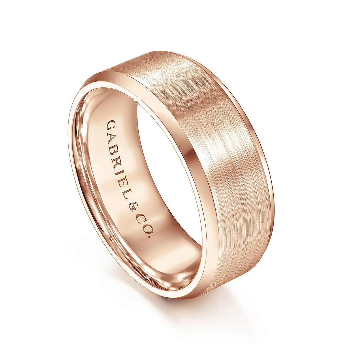 14K Rose Gold 8mm - Satin Finish Men&#39;s Wedding Band with Beveled Edge