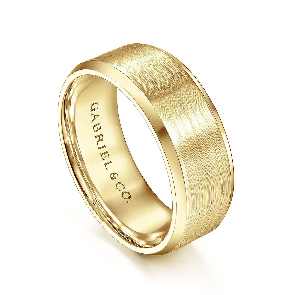 14K Yellow Gold 8mm - Satin Finish Men&#39;s Wedding Band with Beveled Edge