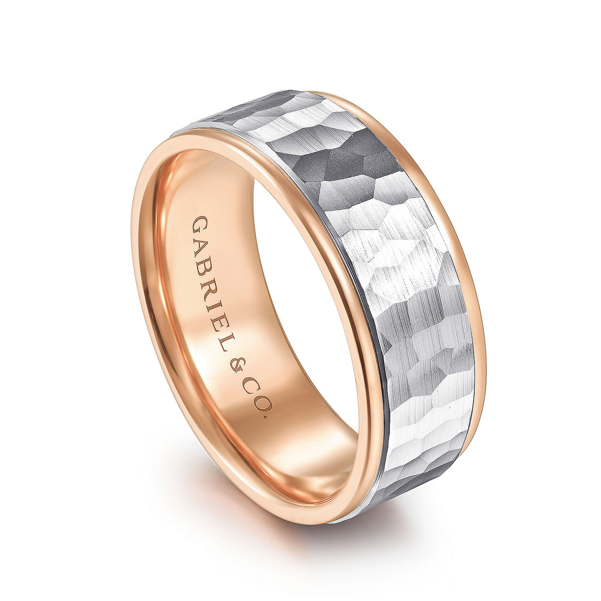 14K White-Rose Gold 8mm - Hammered Men&#39;s Wedding Band