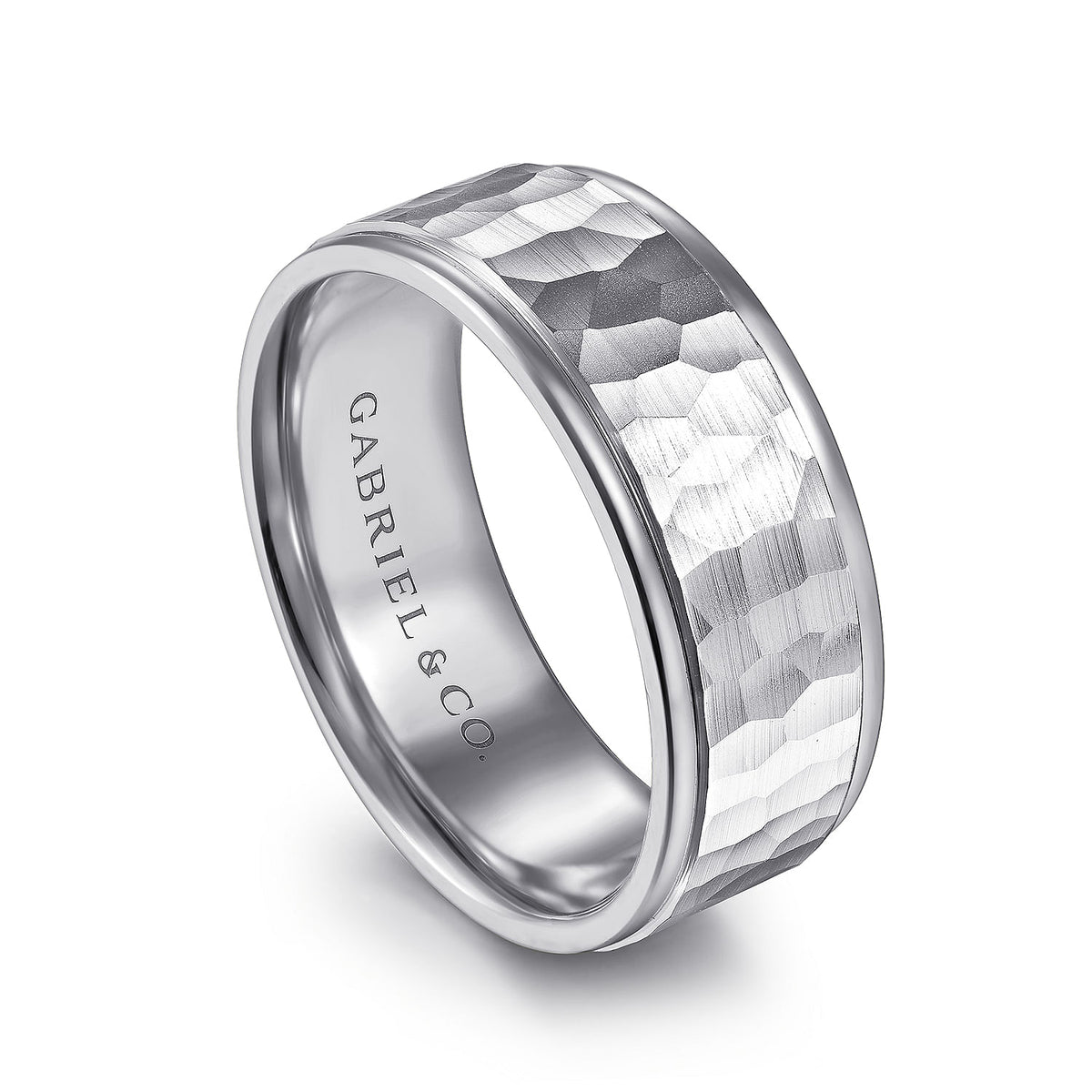 14K White Gold 8mm - Hammered Men&#39;s Wedding Band
