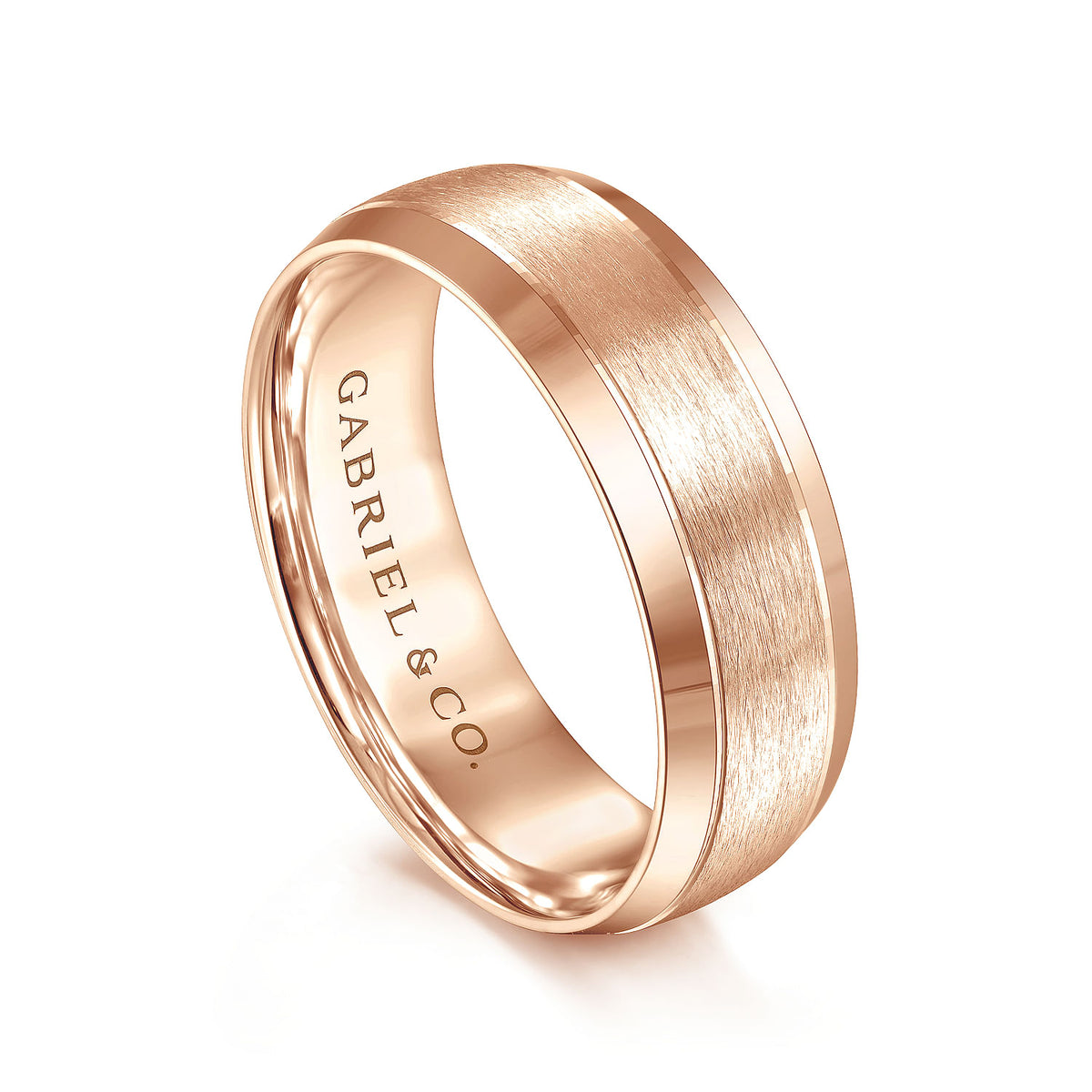 14K Rose Gold 7mm - Beveled Edge Men&#39;s Wedding Band in Horizontal Brush Finish