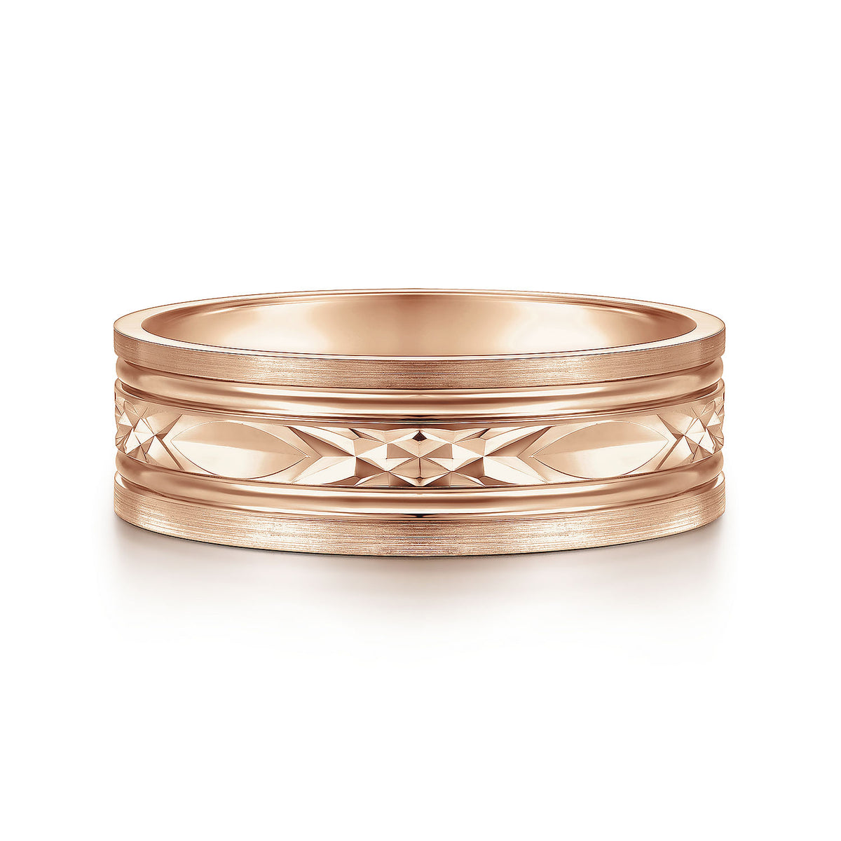 14K Rose Gold 7mm - Diamond Cut Center Men&#39;s Wedding Band in Satin Finish