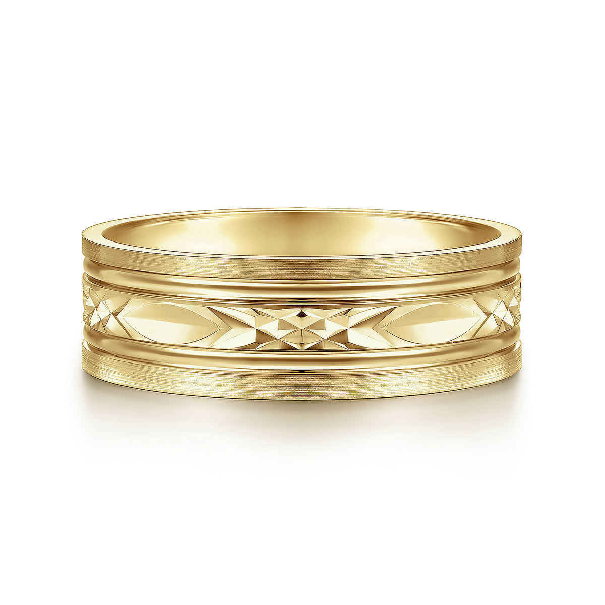 14K Yellow Gold 7mm - Diamond Cut Center Men&#39;s Wedding Band in Satin Finish