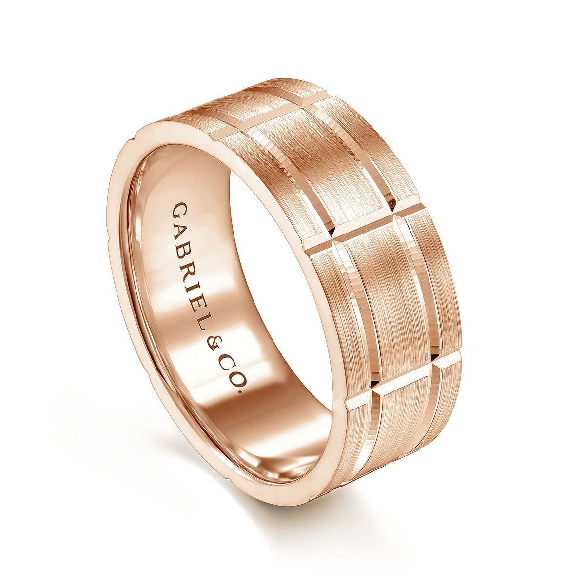 14K Rose Gold 8mm - Checkered Pattern Men&#39;s Wedding Band in Satin Finish