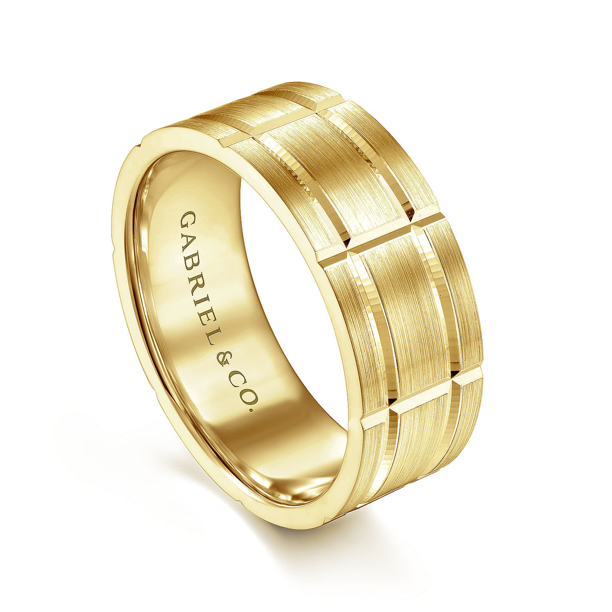 14K Yellow Gold 8mm - Checkered Pattern Men&#39;s Wedding Band in Satin Finish