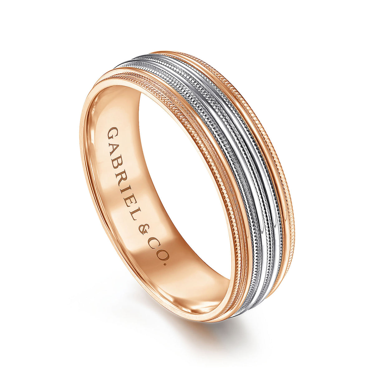 14K White-Rose Gold 6mm - Milgrain Channel Men&#39;s Wedding Band