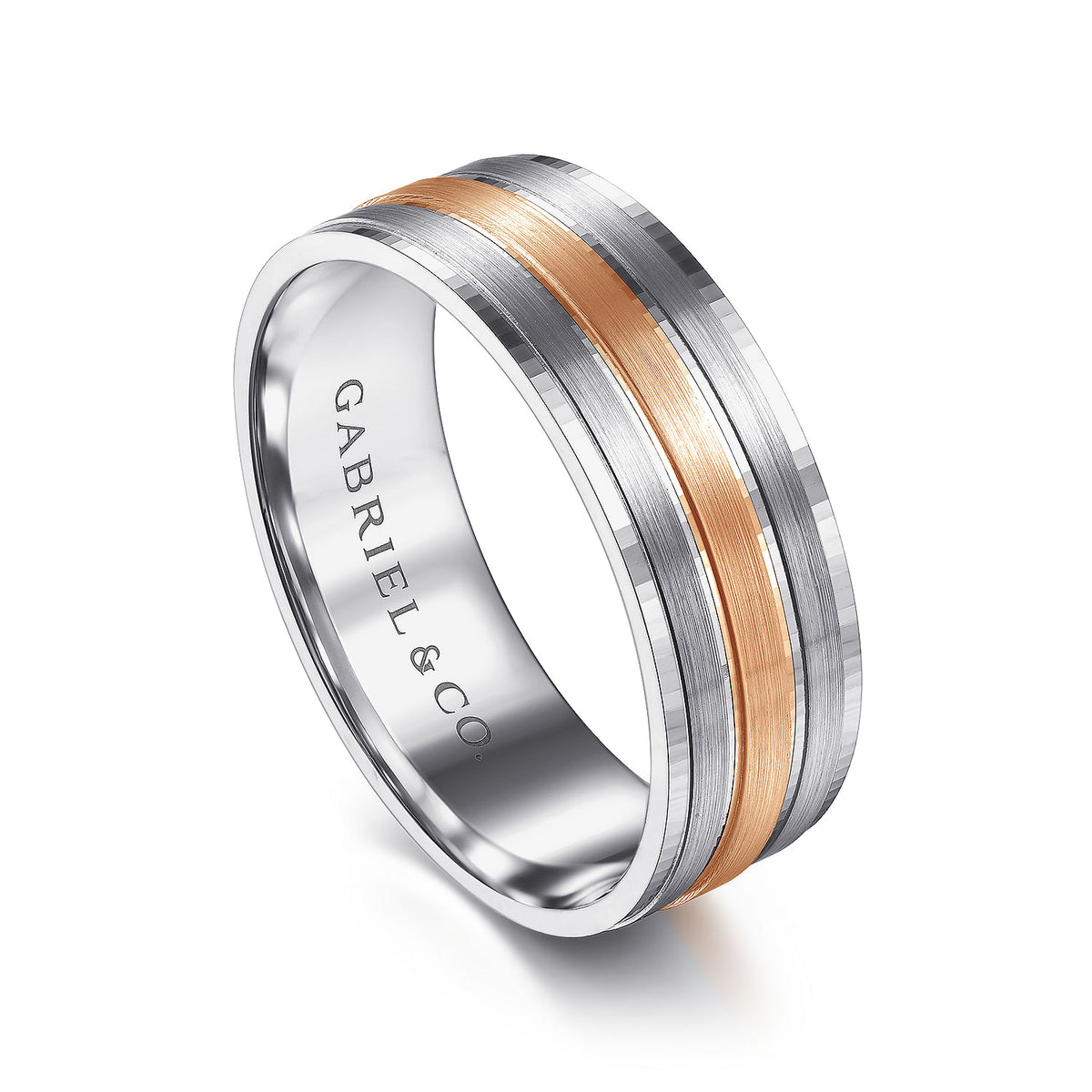 14K White-Rose Gold 7mm - Three Row Satin Finish Men&#39;s Wedding Band in Two Tone