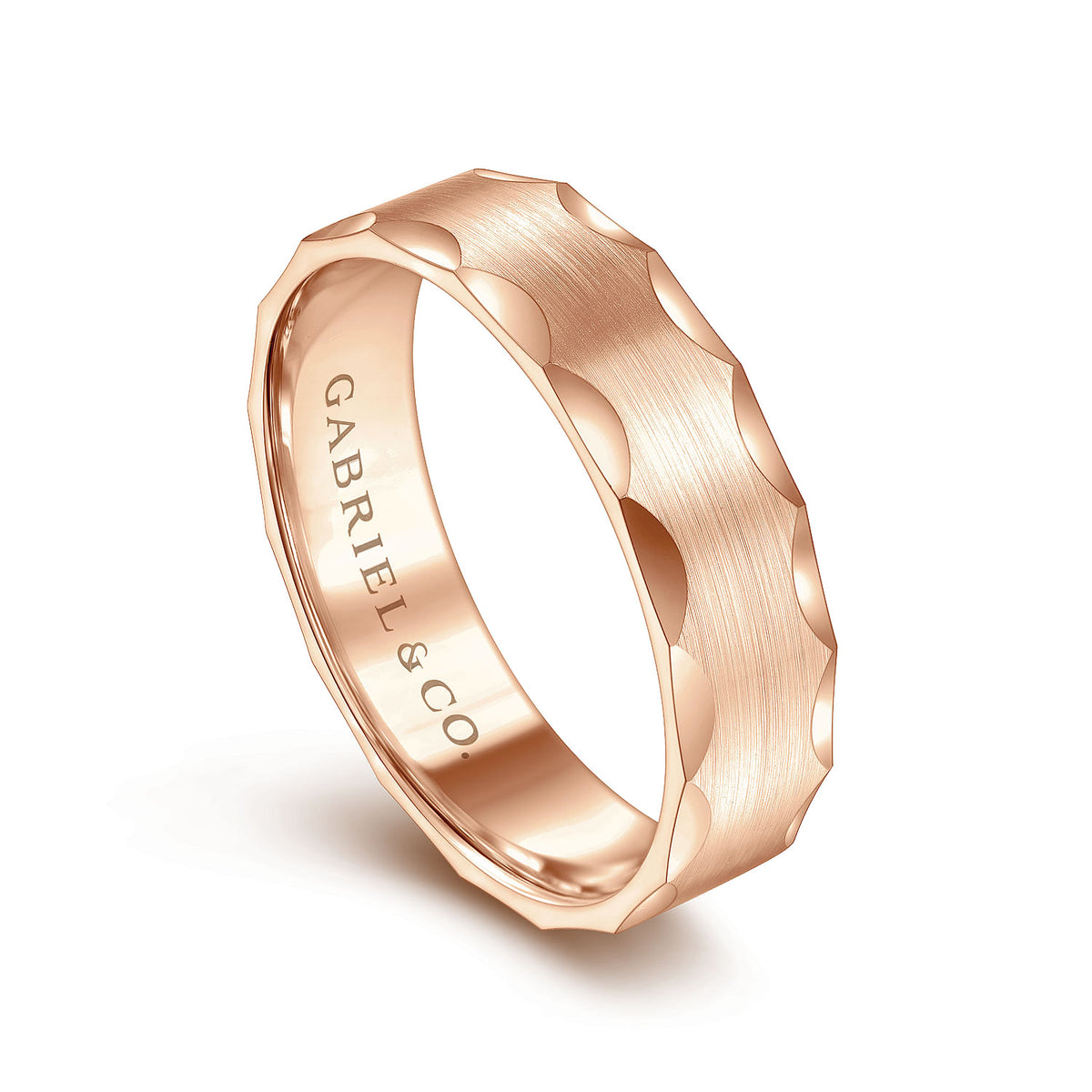 14K Rose Gold 6mm - Satin Grooved Edge Men&#39;s Wedding Band